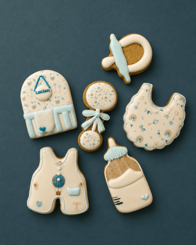 Biscuiți personalizați pentru nou-născut băiat cu suzetă și biberon