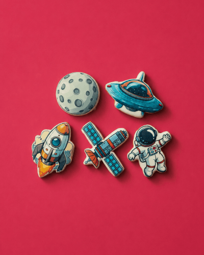 Biscuiți personalizați cu astronaut, rachetă, lună și navă spațială