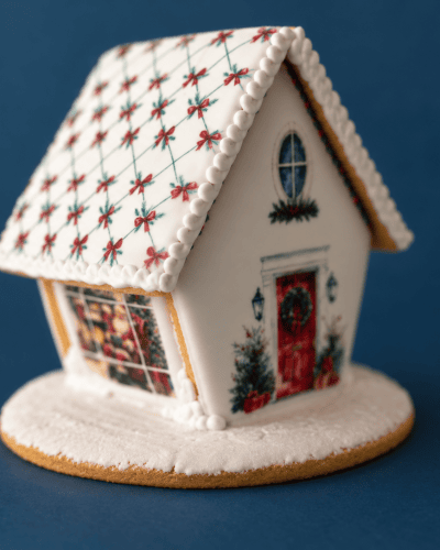 Gingerbread House, căsuță de turtă dulce de Crăciun cu acoperiș alb, fundițe roșii și ușă cu coroniță, pe fundal verde petrol.